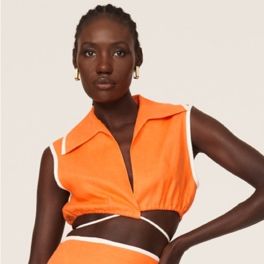 Matthew Bruch - Tie Waist Crop Top - Orange White Linen - Sz 4- RTR